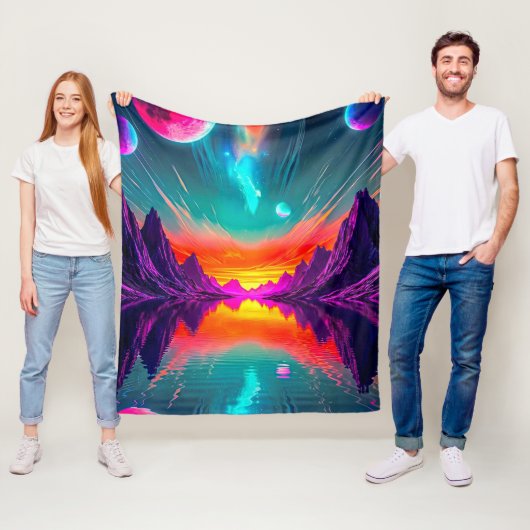 Neon Synthwave Alien Planeet Retro Gamer Fleece Deken (In situ)