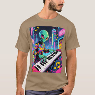 Neon Synthwave Alien Toetsenist meisje T-shirt