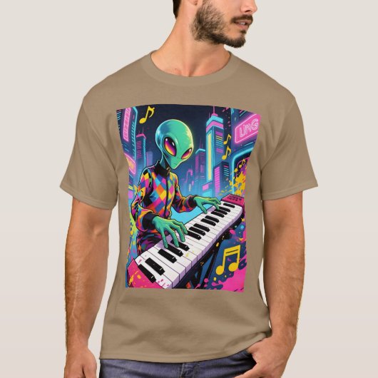 Neon Synthwave Alien Toetsenist meisje T-shirt (Voorkant)