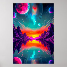 Neon Synthwave Buitenaardse Planeet Landschap Graf Poster