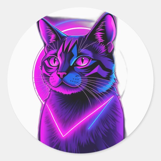 Neon Synthwave Cat Art Ronde Sticker (Voorkant)