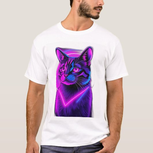 Neon Synthwave Cat Art T-shirt (Voorkant)