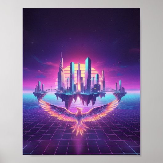 Neon Synthwave Cityscape Phoenix Art Print (Voorkant)