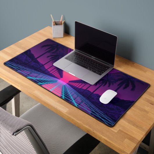 Neon Synthwave Grid Desk Mat - Retro 80s Gaming Mo (Kantoor 2)