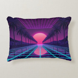 Neon Synthwave Grid & Palms Retro Kussen