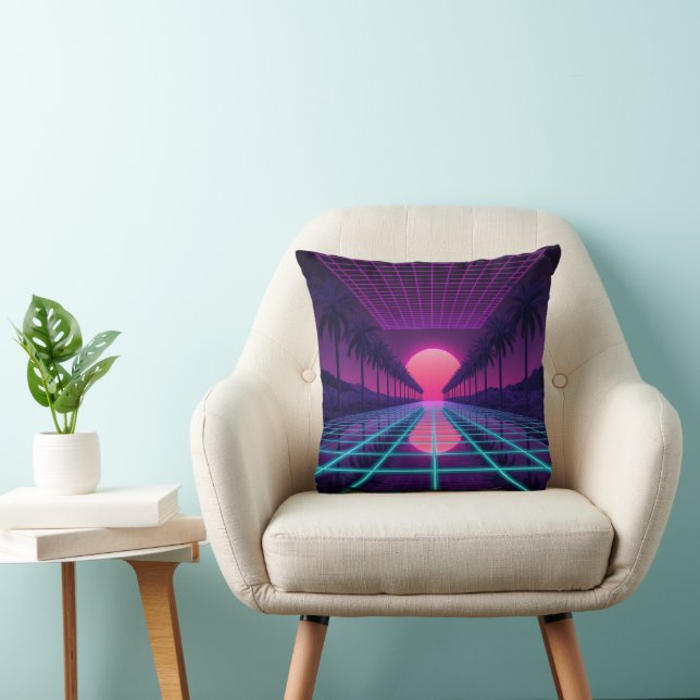 Neon Synthwave Grid & Palms Retro Kussen (Stoel)