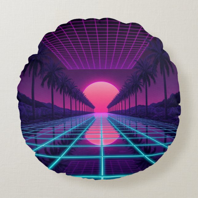 Neon Synthwave Grid & Palms Retro Kussen (Voorkant)