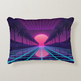 Neon Synthwave Grid & Palms Retro Pillow Accent Kussen