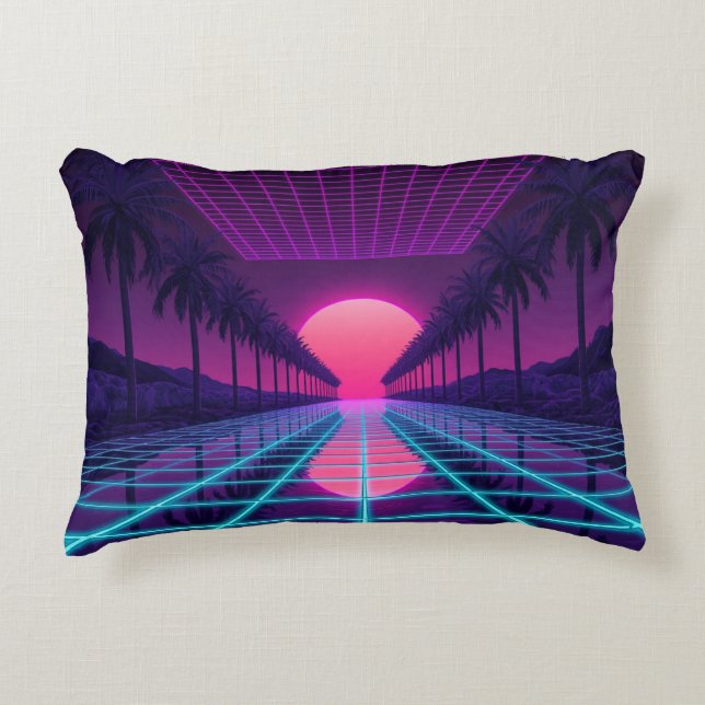 Neon Synthwave Grid & Palms Retro Pillow Accent Kussen (Voorkant)