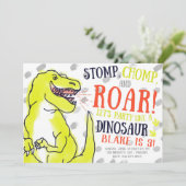 Neon T-Rex Dinosaur Verjaardagsfeestje Uitnodiging (Staand voorkant)