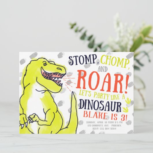 Neon T-Rex Dinosaur Verjaardagsfeestje Uitnodiging (Staand voorkant)