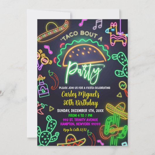 Neon Taco Mexicaanse verjaardagsfeestje voor volwa Kaart (Voorkant)