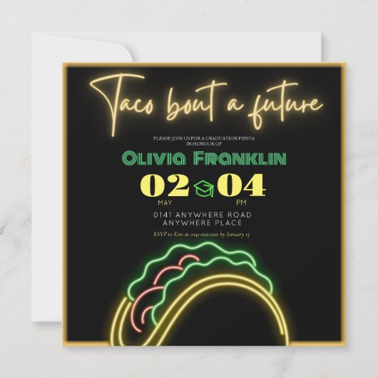 Neon taco over een toekomstig afstuderen kaart (Voorkant)