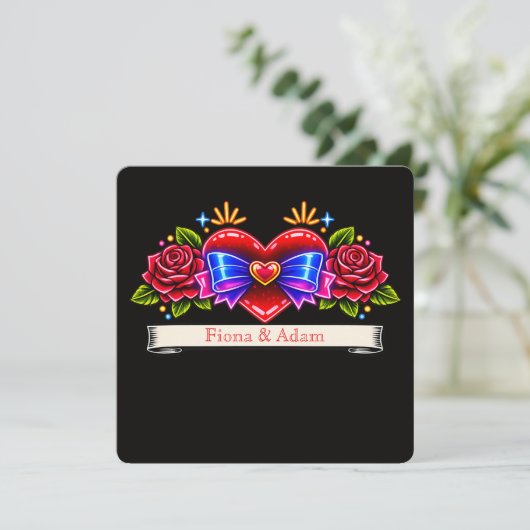 Neon Tattoo Stijl hart uitnodigen Liefde Save The Date (Staand voorkant)
