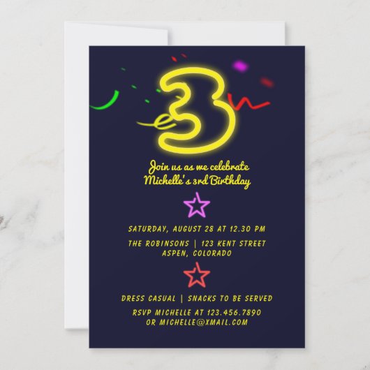 Neon teken derde verjaardagsfeestuitnodiging kaart (Voorkant)