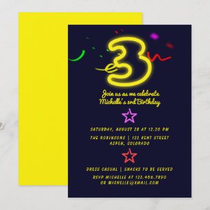 Neon teken derde verjaardagsfeestuitnodiging kaart