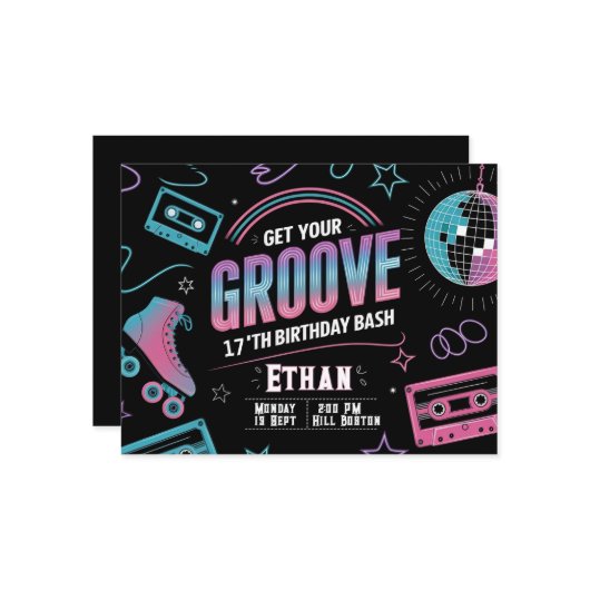 Neon Theme Verjaardag Uitnodiging Kaart (Voorkant / Achterkant in situ)