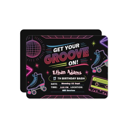 Neon Theme Verjaardag Uitnodiging Kaart (Voorkant / Achterkant in situ)