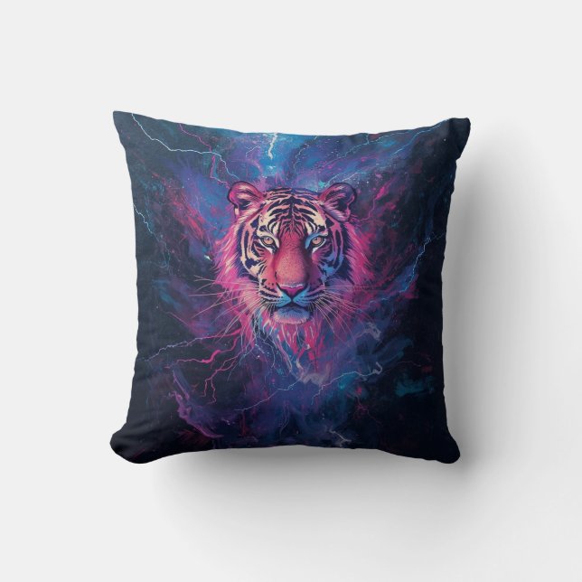 Neon Thunder Tiger Abstract Electric Glow Kussen (Voorkant)