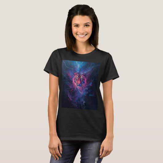 Neon Thunder Tiger Abstract Electric Glow T-shirt (Voorkant volledig)