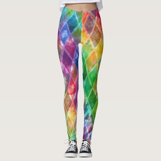 Neon Tie Dye Waterverf Harlequin Argyle Leggings (Voorkant)