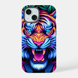 Neon Tijger en junglebladeren iPhone 15 Case