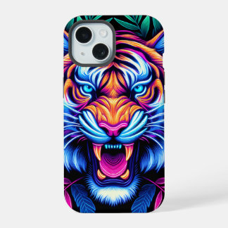 Neon Tijger en junglebladeren iPhone 15 Case