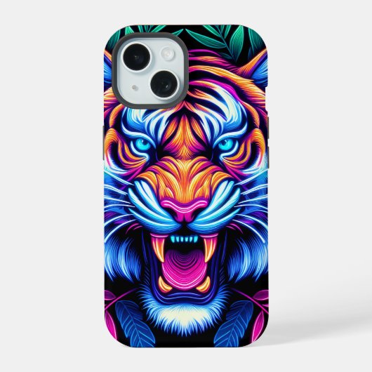 Neon Tijger en junglebladeren iPhone 15 Case (Achterkant)