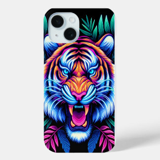 Neon Tijger en oerwoud bladeren iPhone 15 Case