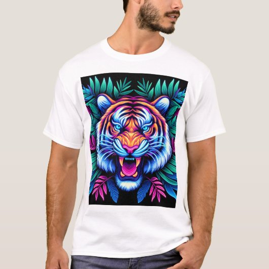 Neon Tijger en oerwoud bladeren T-shirt (Voorkant)