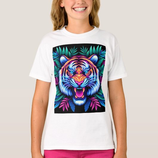 Neon Tijger en oerwoud bladeren T-shirt (Voorkant)