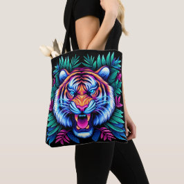 Neon Tijger en oerwoud bladeren Tote Bag