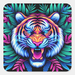 Neon Tijger en oerwoud bladeren Vierkante Sticker