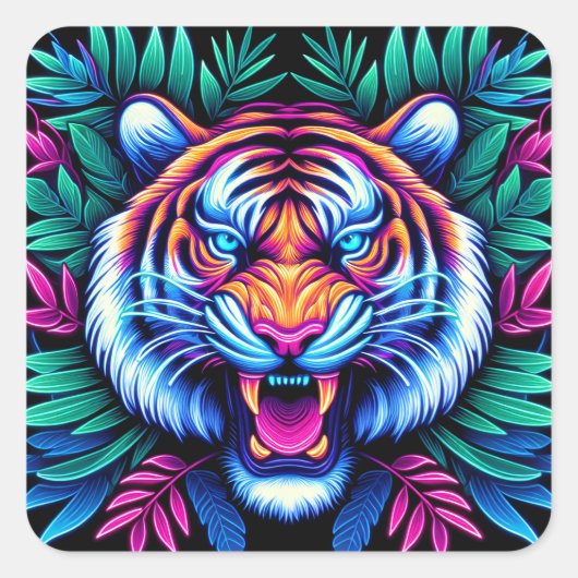Neon Tijger en oerwoud bladeren Vierkante Sticker (Voorkant)
