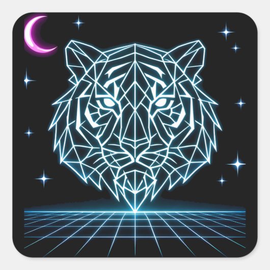 Neon Tijger Synthwave – Retro Elektrische Striker Vierkante Sticker (Voorkant)