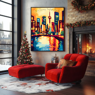 Neon Tokyo Skyline in Abstracte Fauvistische stijl Poster