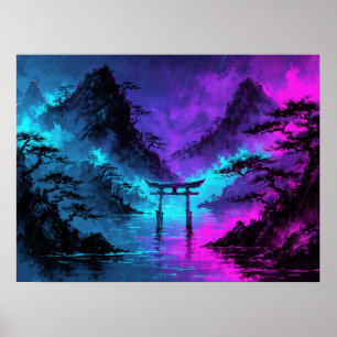 Neon Torii-poort Sumi-e Inkt Japans Landschapskuns Poster