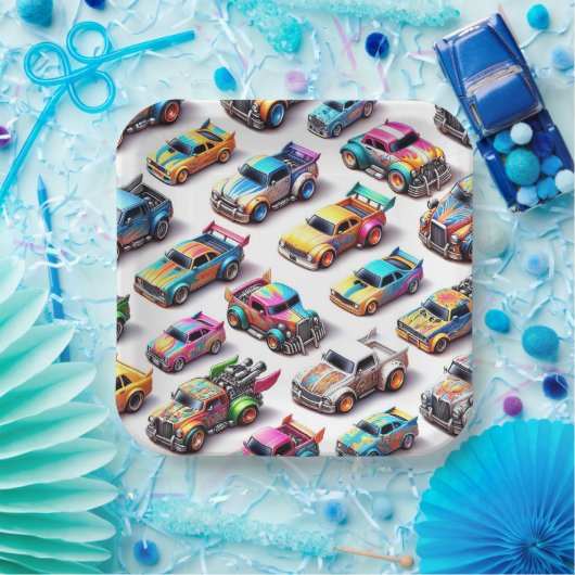 Neon Toy Car Birthday Party Plates Papieren Bordje (Feest)
