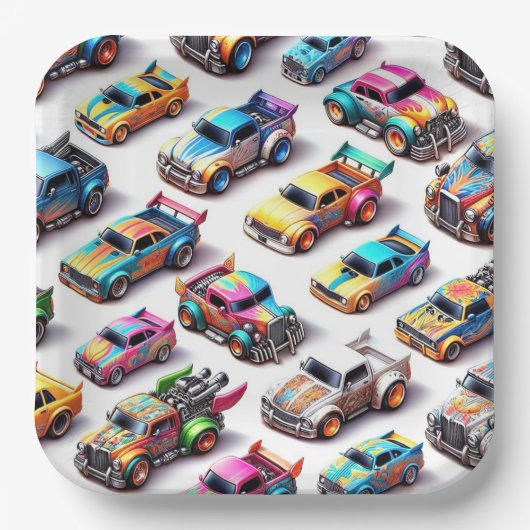Neon Toy Car Birthday Party Plates Papieren Bordje (Voorkant)