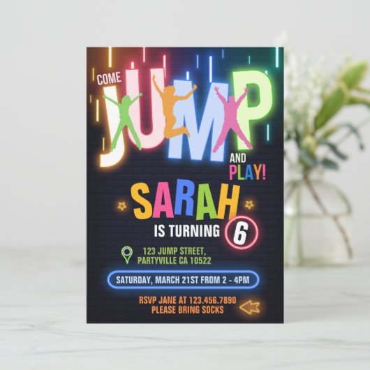 Neon Trampoline Bounce Birthday Party Kaart (Staand voorkant)