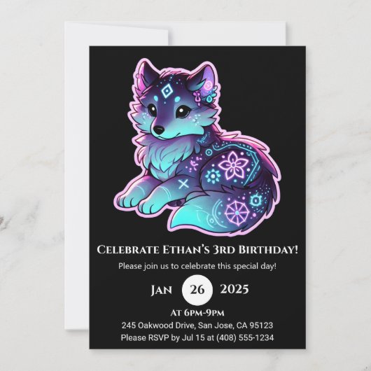 Neon Tribal Wolf Birthday Invitation Kaart (Voorkant)