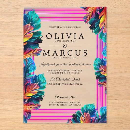 Neon Tropical Foliage Acrylic Invitation Acryl Uitnodigingen (Voorkant)