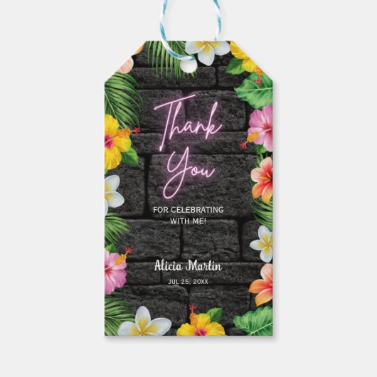 Neon Tropical Forest Zomer Hawaii Verjaardagsfeest Cadeaulabel (Voorkant)
