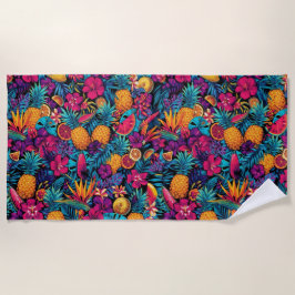 Neon Tropical Fruit Flower Beach Towel - Pineapple Strandlaken