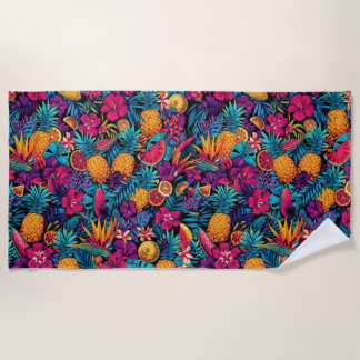 Neon Tropical Fruit Flower Beach Towel - Pineapple Strandlaken