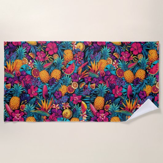 Neon Tropical Fruit Flower Beach Towel - Pineapple Strandlaken (Voorkant)