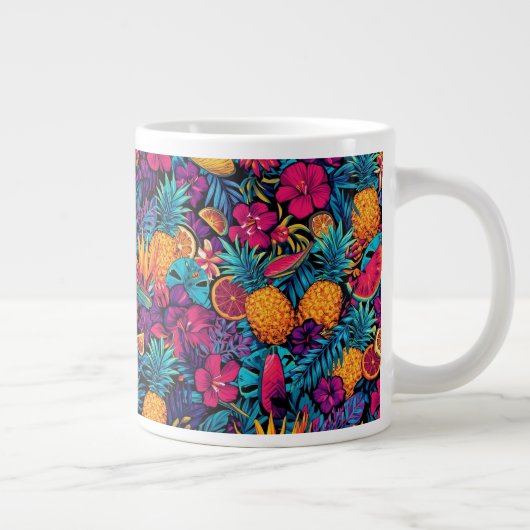 Neon Tropical Fruit Flower Coffee Mug - Pineapple Grote Koffiekop (Rechts)