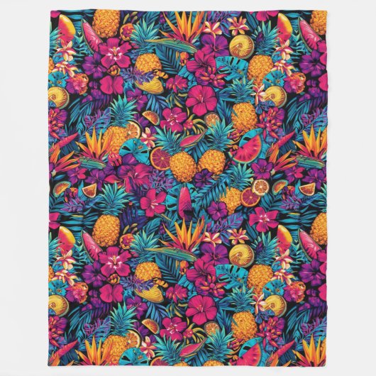 Neon Tropical Fruit Flower Throw Blanket Fleece Deken (Voorkant)