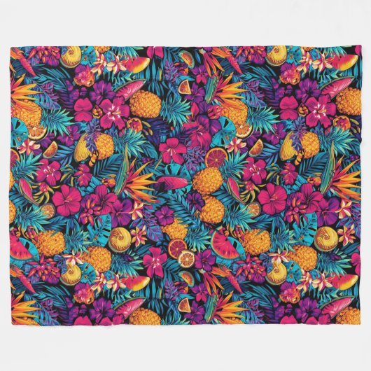 Neon Tropical Fruit Flower Throw Blanket Fleece Deken (Voorkant (Horizontaal))