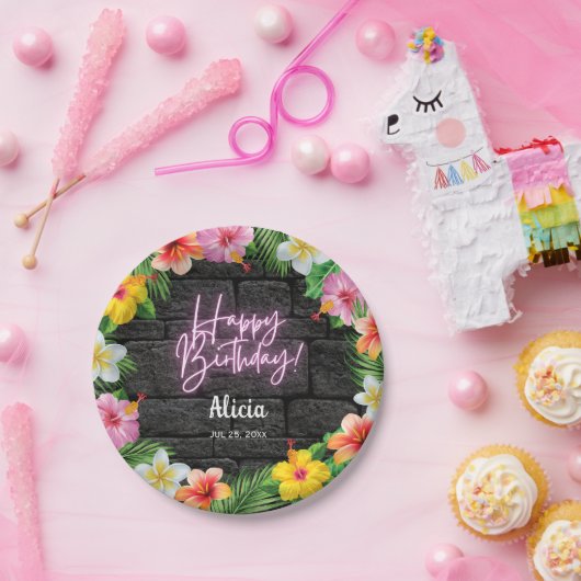 Neon Tropisch Bos Zomer Hawaii Gelukkige Verjaarda Papieren Bordje (Feest)